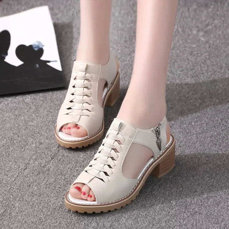 Women's retro sandals with side zipper in black, 3-5cm heel, sizes 35-43