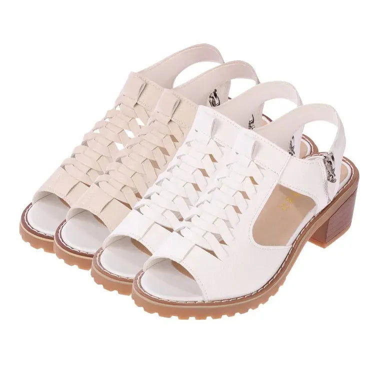 Women's retro sandals with side zipper in black, 3-5cm heel, sizes 35-43
