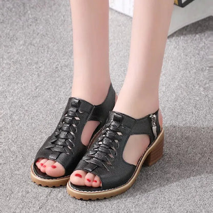 Women's retro sandals with side zipper in black, 3-5cm heel, sizes 35-43