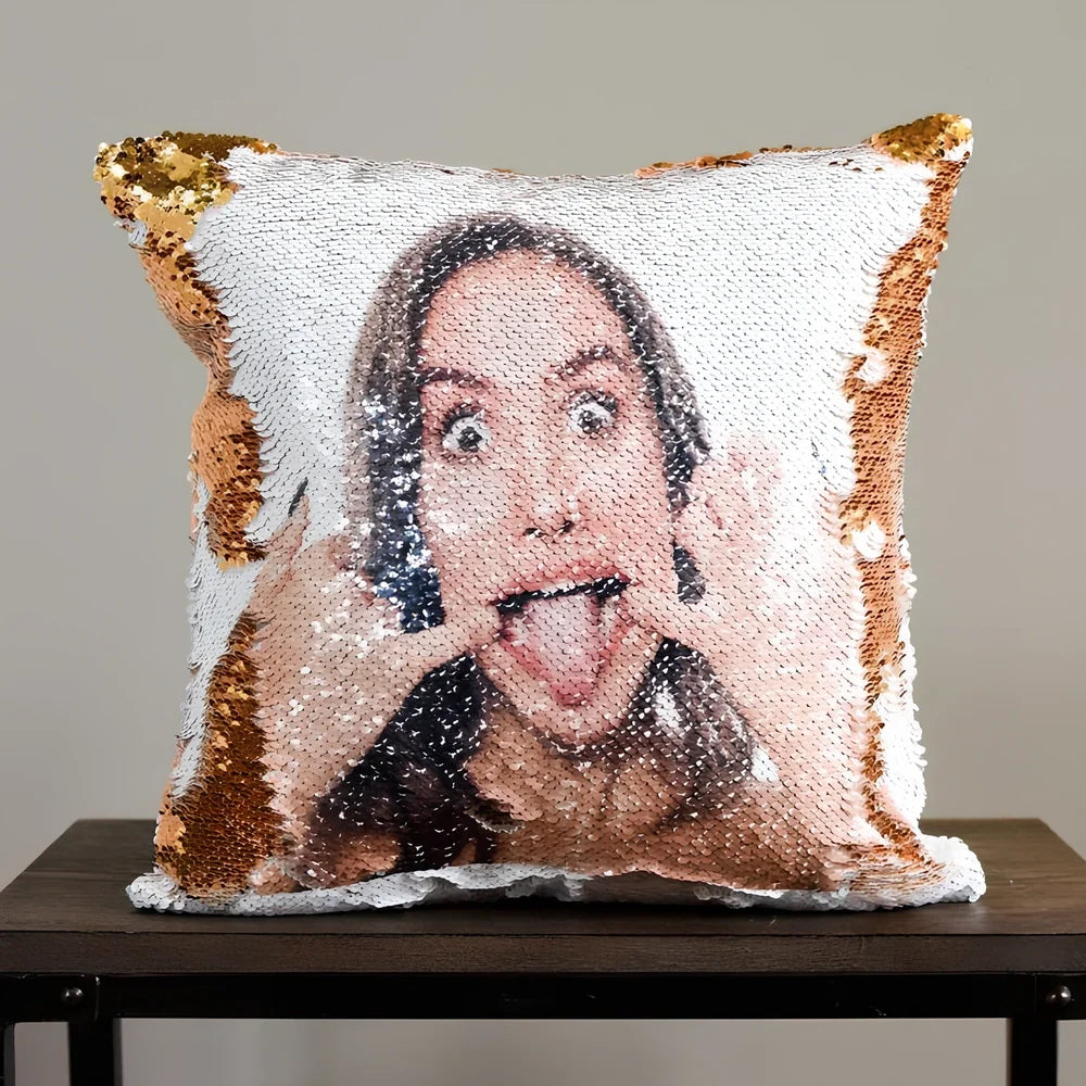 Custom photo sequin cushion cover with 40cm dimensions showing gold and silver luminous design options