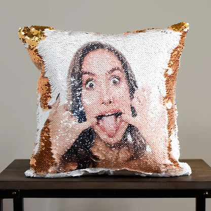 Custom photo sequin cushion cover with 40cm dimensions showing gold and silver luminous design options