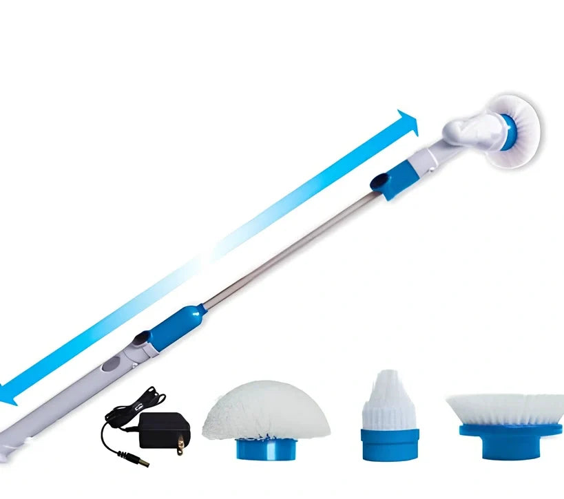 Blue rechargeable electric cleaning brush with retractable extension rod and three interchangeable brush heads