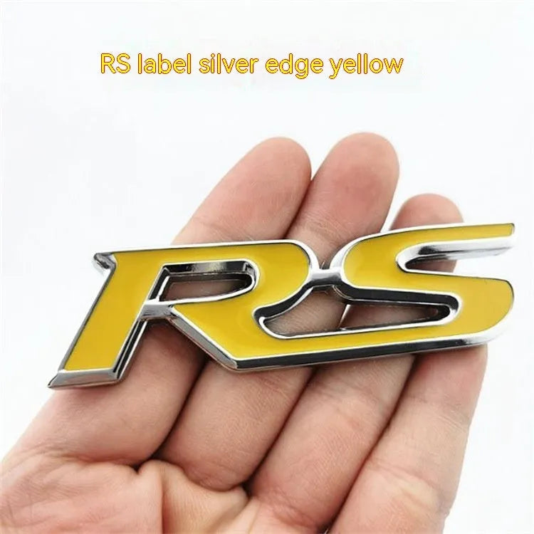 Zinc alloy metal car sticker with RS design measuring 9 by 2.4 centimetres