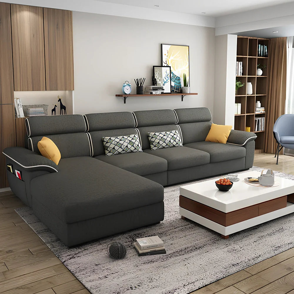 2.18-metre three-seater fabric sofa with wood frame and high-density sponge filling in modern minimalist design