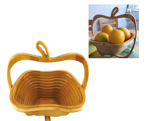 Folding natural bamboo fruit basket open at 27 cm wide, 30 cm high, collapsed to 1.8 cm for storage