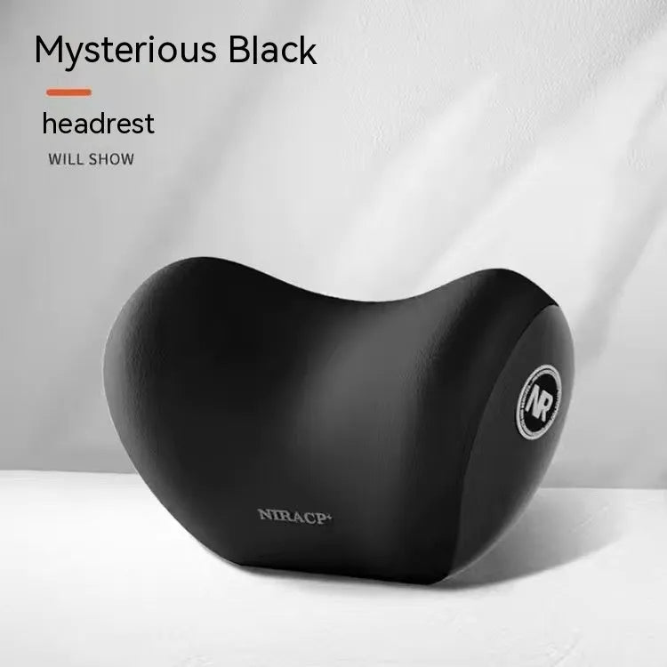 Black automotive headrest pillow and lumbar support pillow set with memory foam filler on a car seat