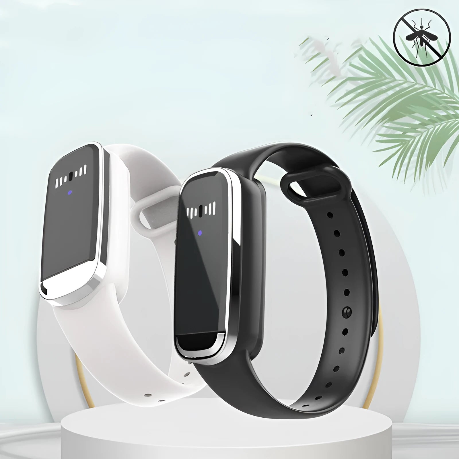 Ultrasonic mosquito repellent wristband in black and white colours showing compact wearable design