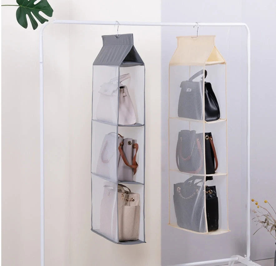 Foldable hanging multi-layer storage rack in grey and beige, perfect for organizing sundries