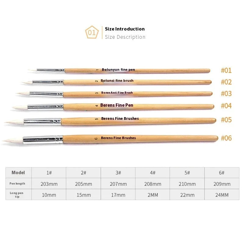 Six wooden pen brushes with pointed hook line design and wool bristles arranged together