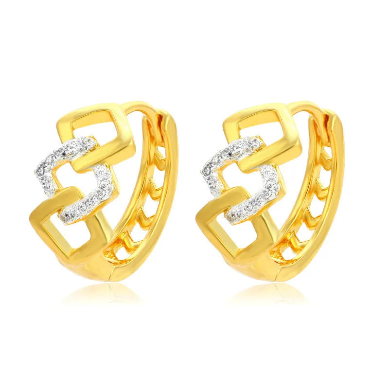 Gold geometric hollow-out alloy stud earrings on a plain background.