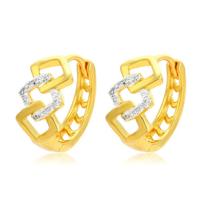 Gold geometric hollow-out alloy stud earrings on a plain background.