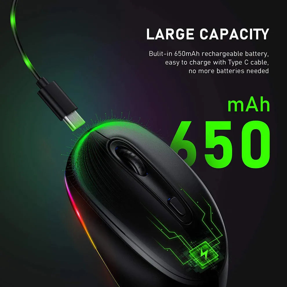Wireless ergonomic mouse in multiple colours showing compact design with USB charging cable