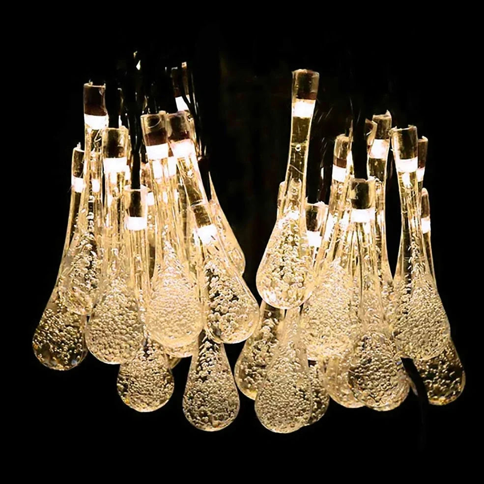 Water Drop Fairy LED solar garden lights with crystal-shaped beads on 4.8m string