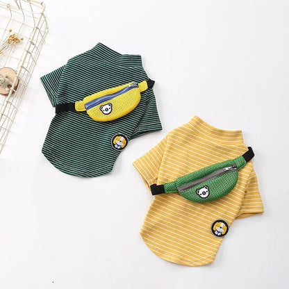 Striped t-shirt teddy dog pet costume in green and yellow, made from 100% cotton
