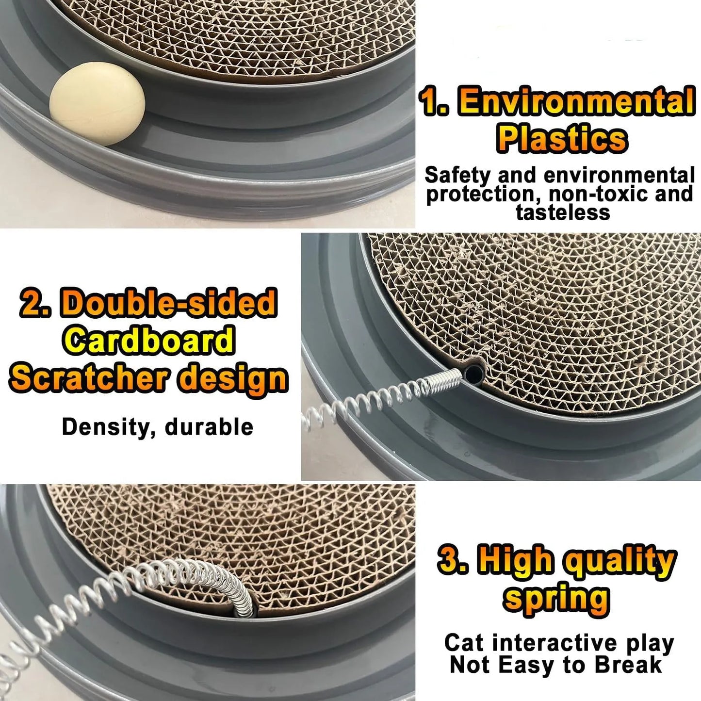 Blue cat scratcher with ball track and replaceable scratch pad, measures 40cm diameter