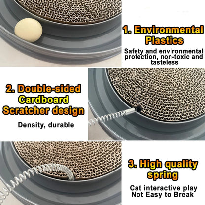 Blue cat scratcher toy with ball track and replaceable 9.7-inch scratch pad measuring 40x40cm