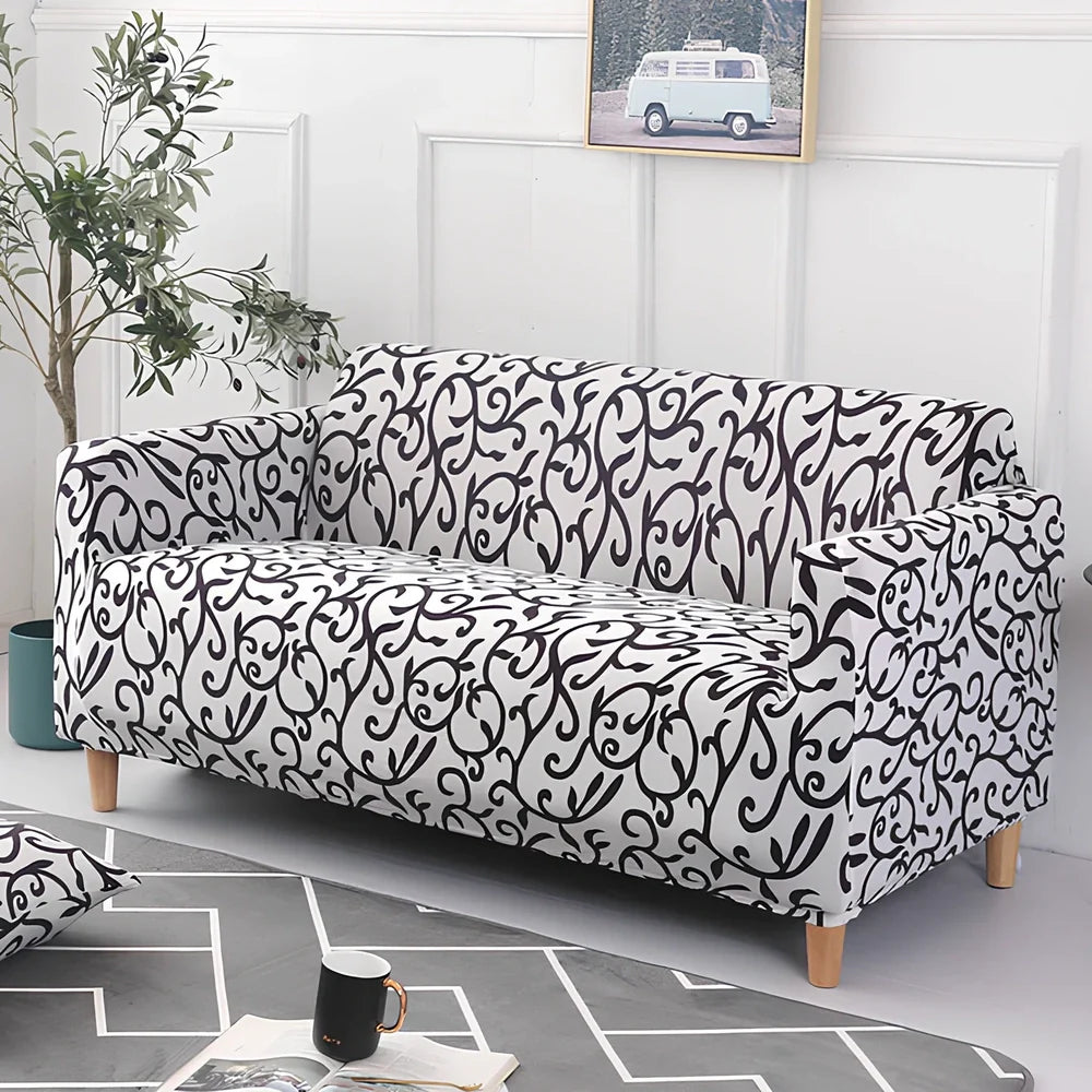 Elastic sofa cover on three-seat sofa showing stretch fabric fitting sofa length 190-230cm
