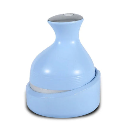 Blue electric scalp massager with four claw massage heads, IPX7 waterproof, rechargeable cradle base, 11x14cm