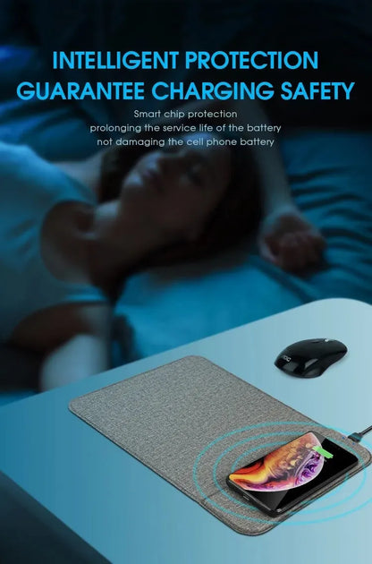 Foldable cloth wireless phone holder charging a smartphone, showing compact storage design
