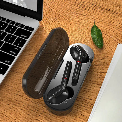 VV1 black and white Bluetooth earphones with a compact charging case on a table.