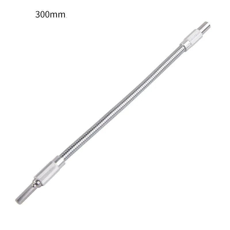 Silver flexible metal shaft extension for power drills with 6.35mm shank in various lengths.