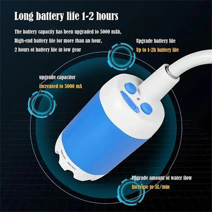 Rechargeable portable outdoor shower with adjustable water flow and spray settings for camping, hiking, and travel