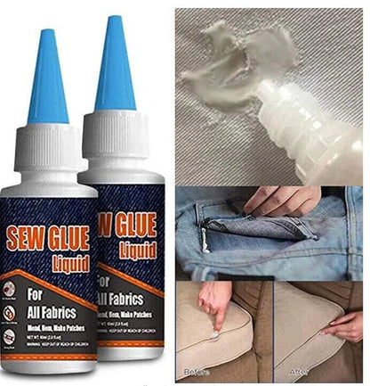 Clothing repair glue kit with two bottles of glue, fixing clips, and applicator pen for easy fabric repairs