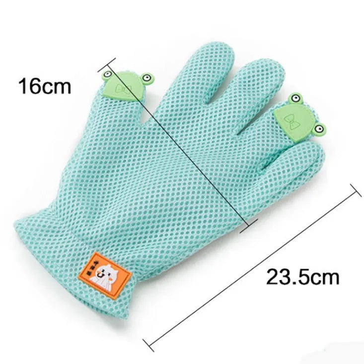 Silicone pet hair removal brush and grooming glove for cats and dogs in Pink, Grey, or Green.