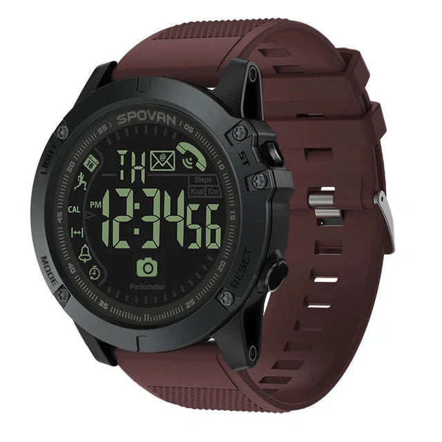 Waterproof round electronic fitness watch with step counter in blue, black, and red