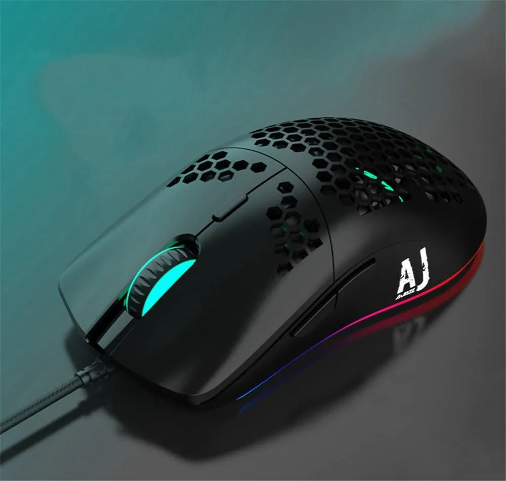 Lightweight white wired gaming mouse with hollow shell and 7 buttons, model AJ390