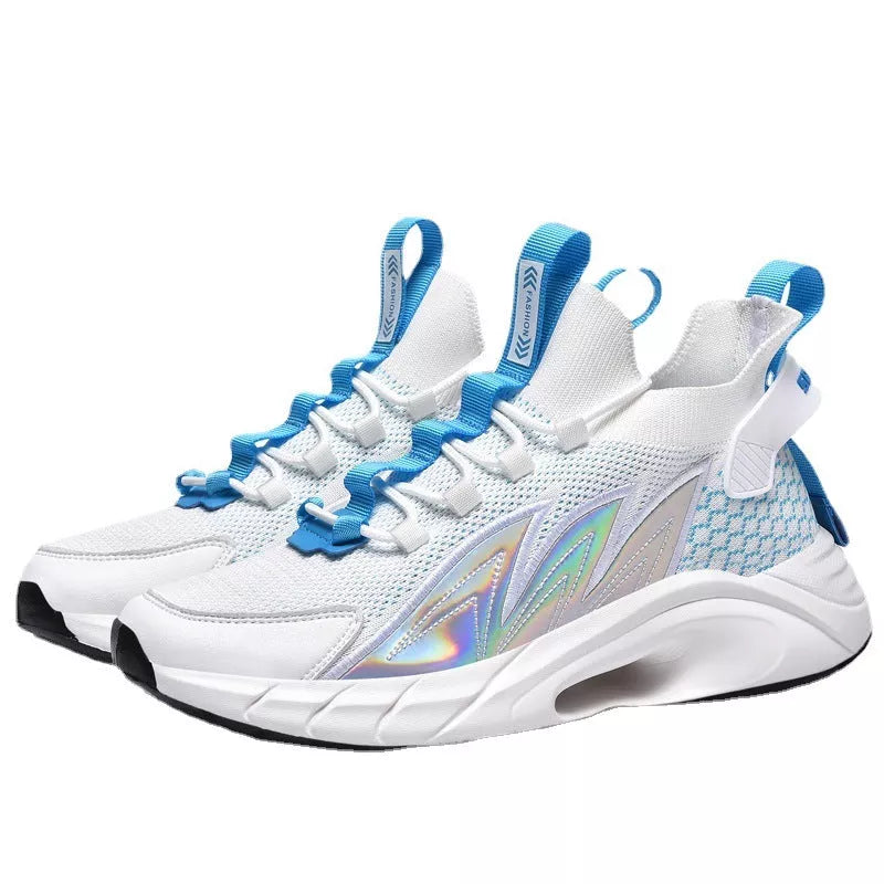 Men's Ultralight Flying Woven Breathable Sequin Lace-up Shoes in Black, White moon, and Black orange