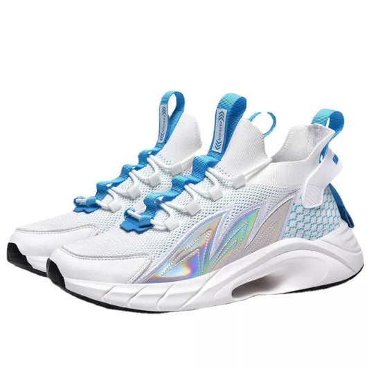 Men's Ultralight Flying Woven Breathable Sequin Lace-up Shoes in Black, White moon, and Black orange