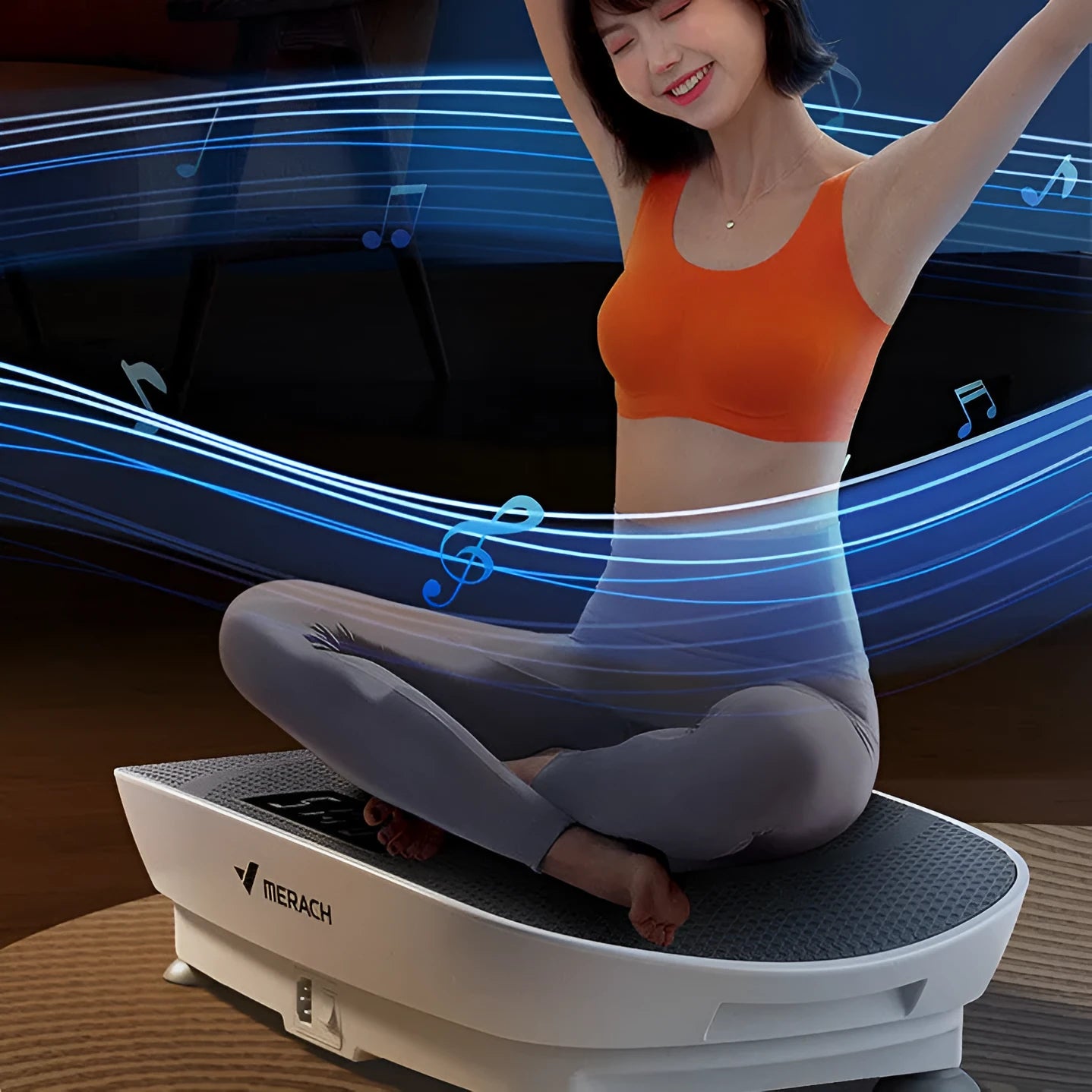 Grey and pink smart vibration power plate with Bluetooth, dimensions 58cm by 38cm.