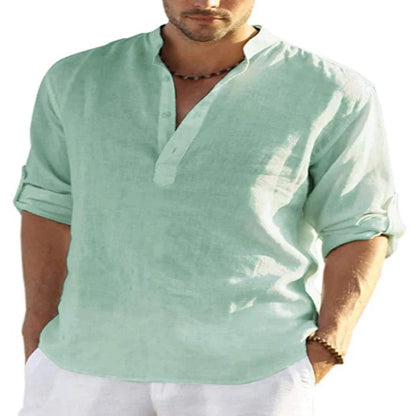 Premium cotton-linen casual shirt with stand collar, long sleeves, and button-down closure