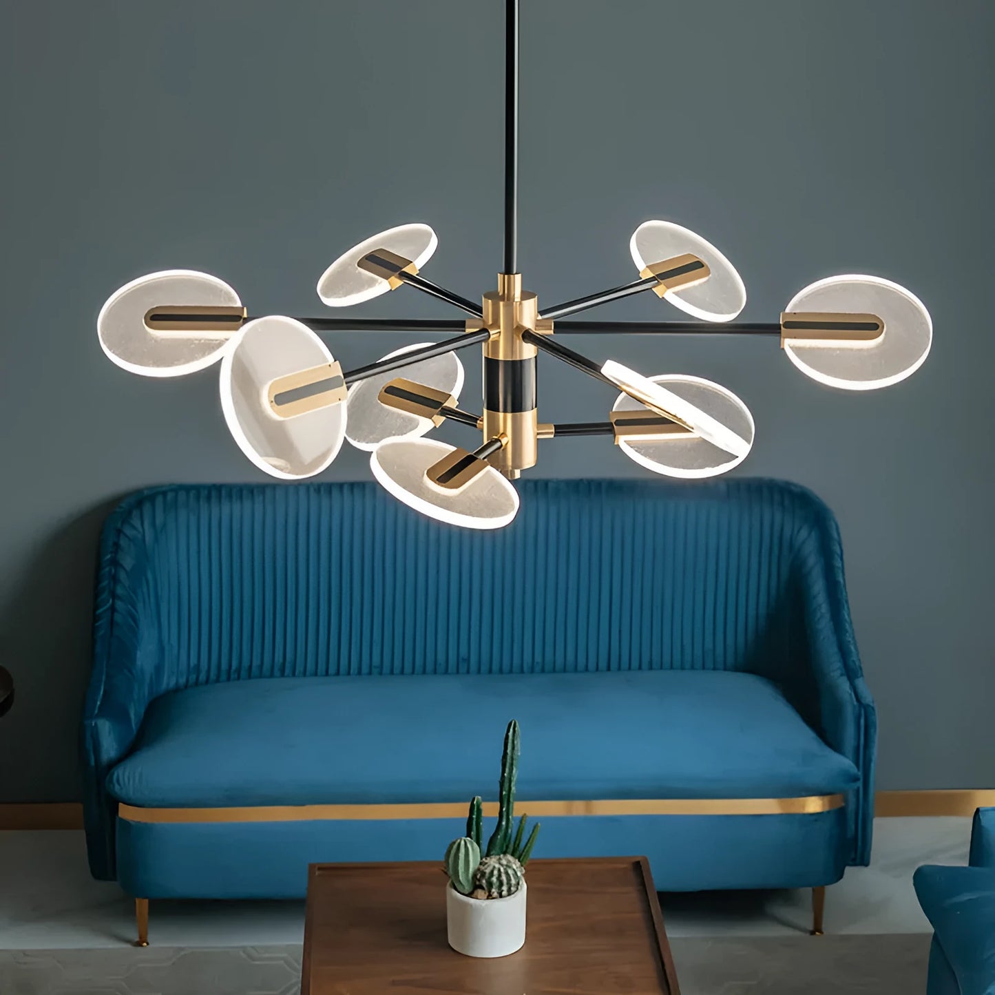 Nordic iron frame chandelier with multiple acrylic shades in a pendant design