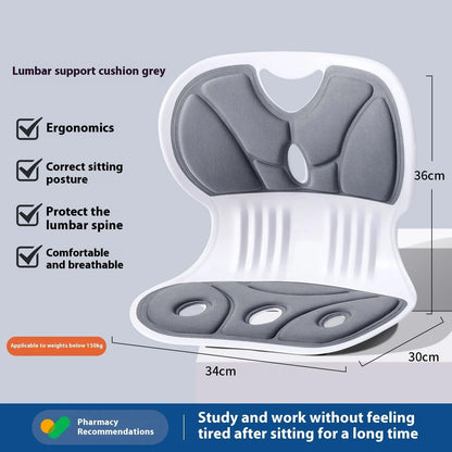 Grey lumbar support cushion on office chair showing 5cm thickness and ergonomic curve for lower back