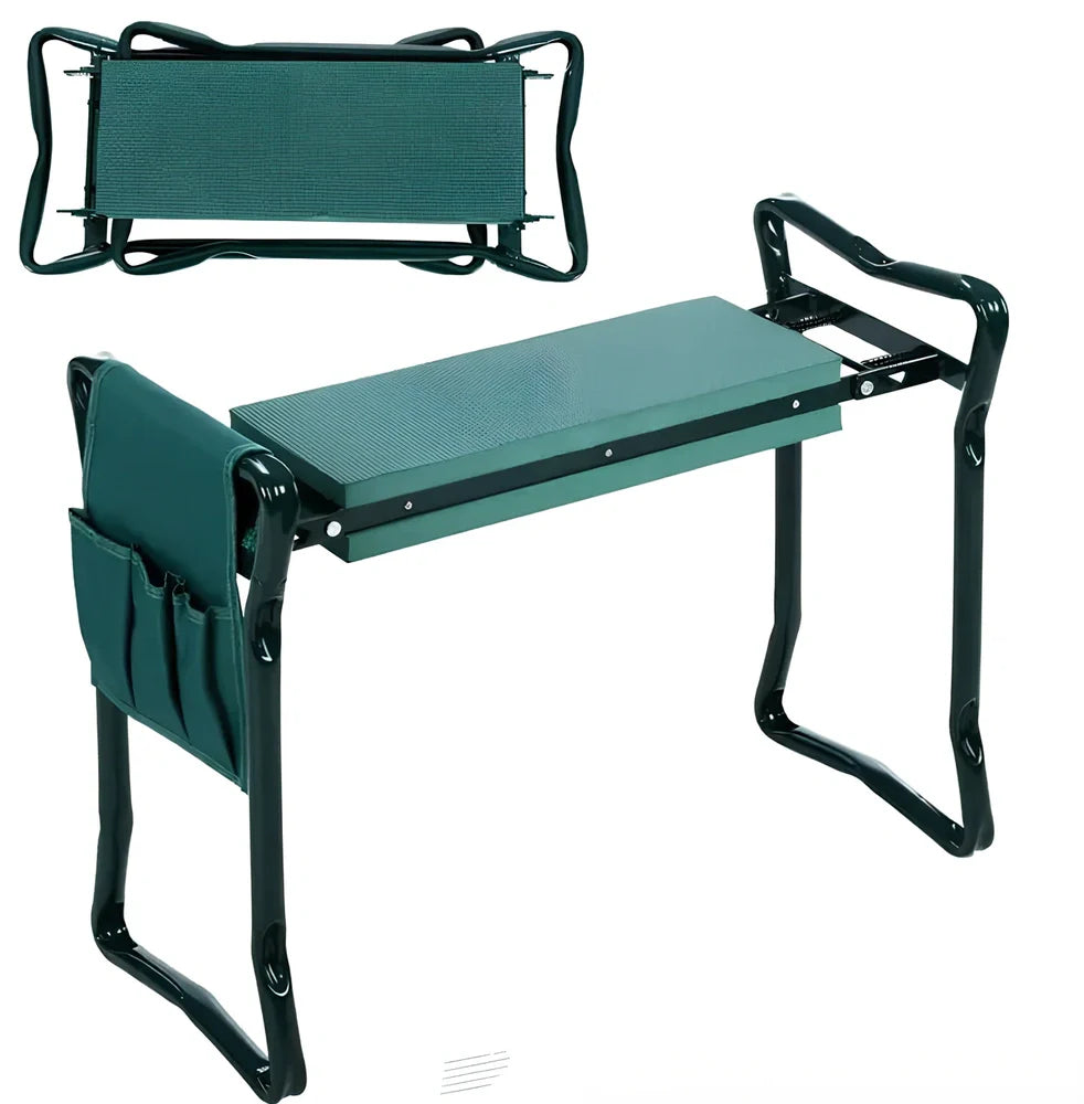 Green foldable outdoor garden bench with foam pad and side tool pouch