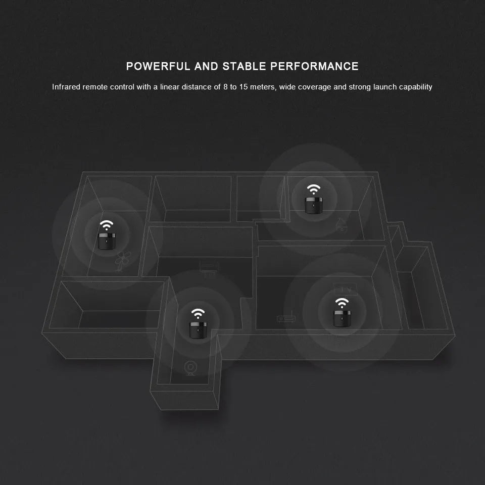 RM4 Mini black ABS plastic IR remote control hub with USB interface and BroadLink App compatibility
