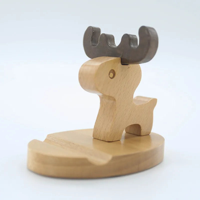 Beech wood mobile phone holder with coin slot showing adjustable angle and resin decorative elements