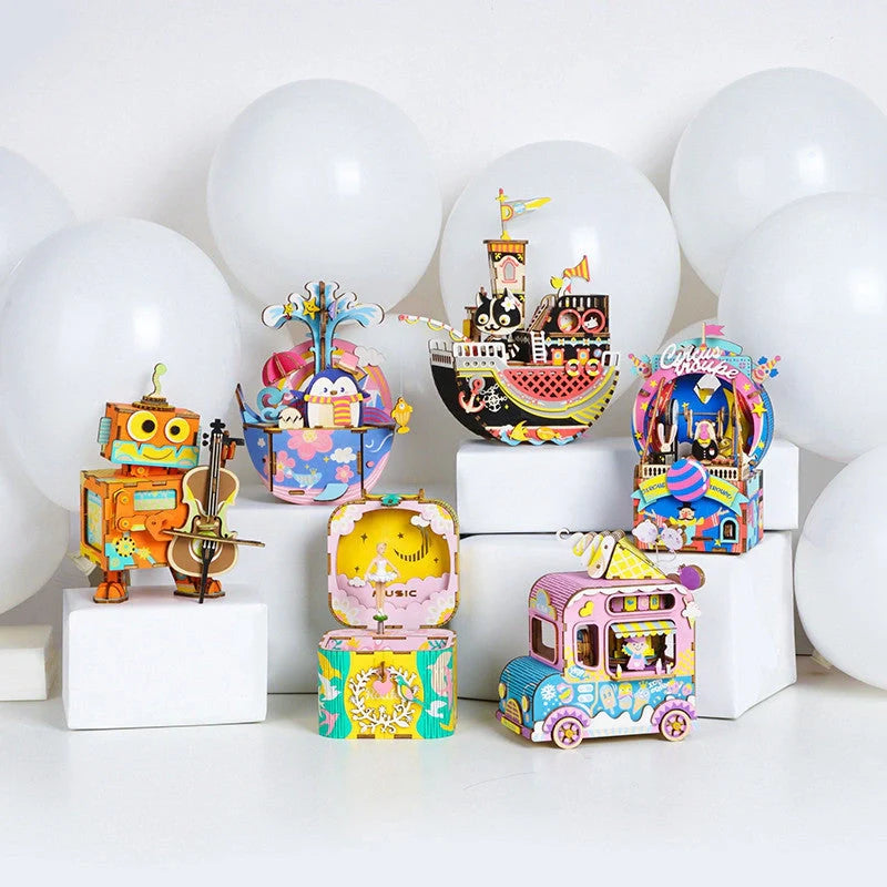 DIY 3D Kitty Ballet Wooden Puzzle with Moveable Music Box