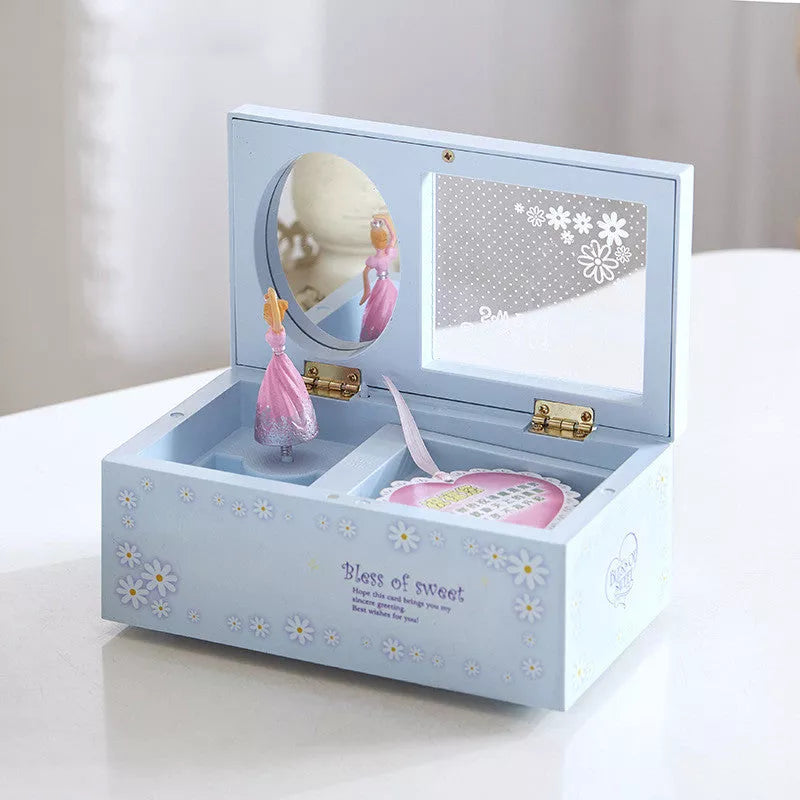 Rotating ballet music box in modern art design, wooden construction, available in multiple colors