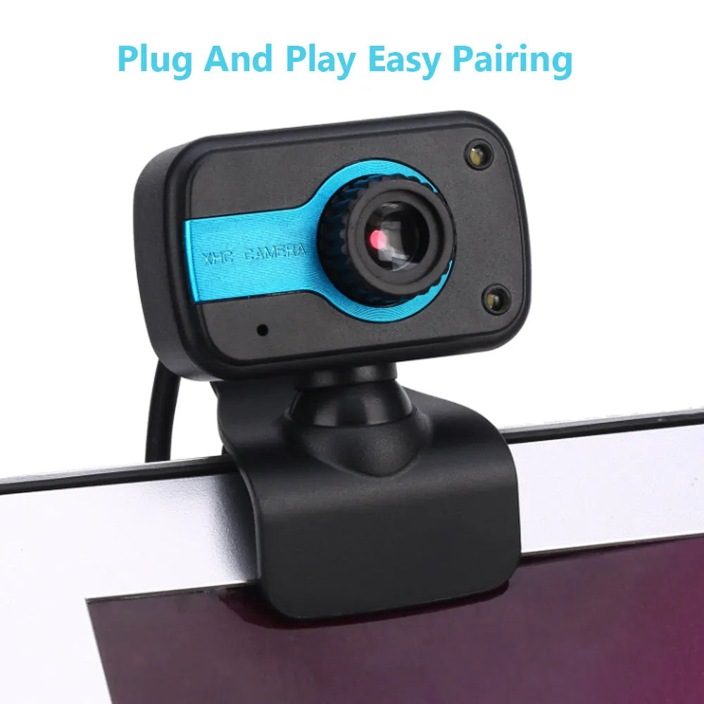 Blue, red, or white mini USB webcam on a stand with a 360-degree rotating head and manual focus adjustment.