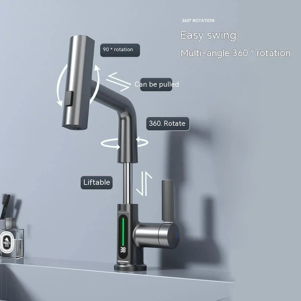 Smart Digital Display Pull-Out Faucet with 360-degree rotating spout, pull-out hose, and intuitive temperature display