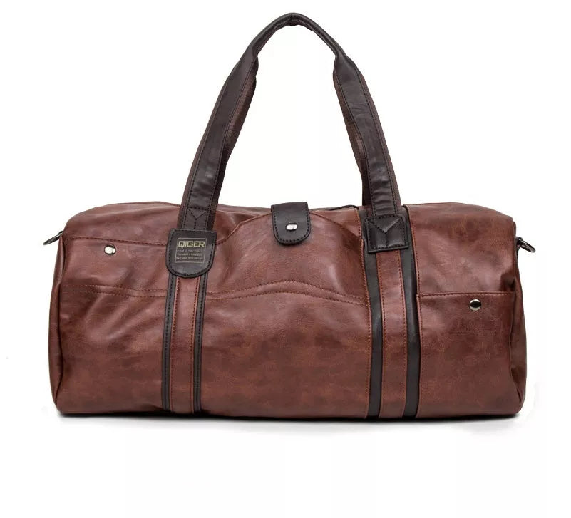 Portable Cylinder Leisure Travel Bag in blue, black, or brown with PU leather exterior