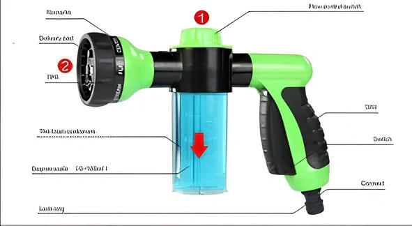 Foam kettle water gun with telescopic hose extension for car washing and garden cleaning applications