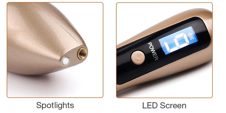 Laser beauty point pen with LCD display showing power level, stainless steel tip, and USB charging port