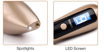 Laser beauty point pen with LCD display showing power level, stainless steel tip, and USB charging port