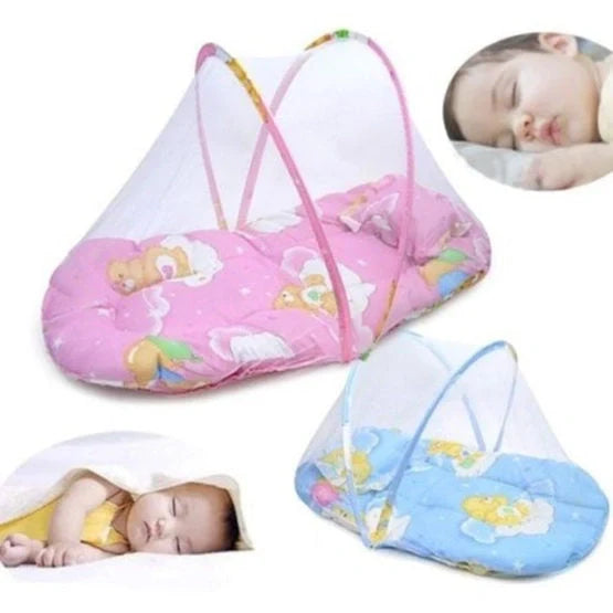 Portable foldable baby bed with mosquito net and sleeping cushion in blue and pink
