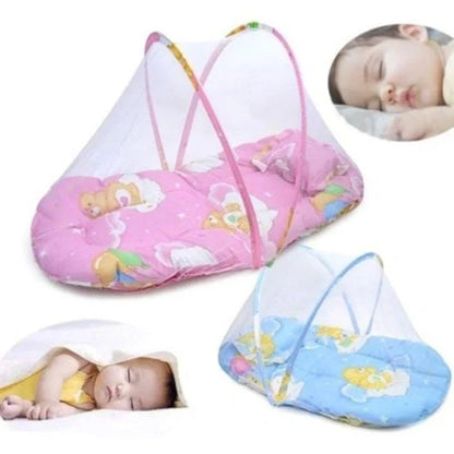 Portable foldable baby bed with mosquito net and sleeping cushion in blue and pink