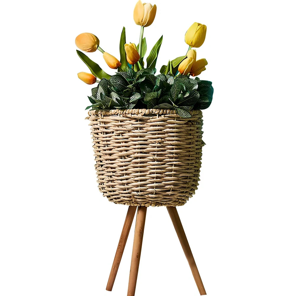 Nordic style floor-standing flowerpot with straw furniture in three sizes for indoor plant display